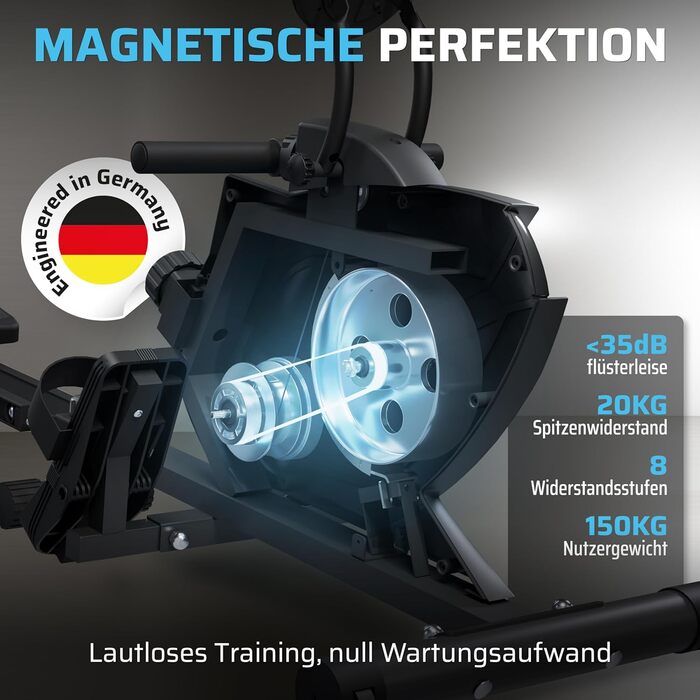 Гребний тренажер SportPlus для дому, складаний, з магнітним опором, чорний/чорний, до 150 кг, сумісний з додатком