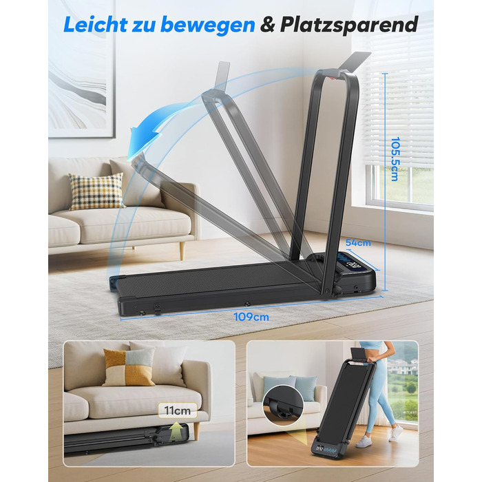 Тренажер для дому 2-в-1 Laufband Klappbar зі складним механізмом, нахилом, LED-дисплеєм, потужністю 3.0PS, для дому та офісу, до 145 кг, без встановлення, чорний