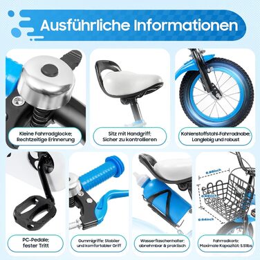 Дитячий велосипед 12 дюймів для дівчаток та хлопчиків з додатковими колесами, дзвінком та кошиком, регульована висота, від 3 років, червоний/синій/блакитний