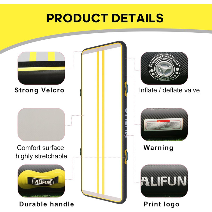 ALIFUN Килимок для гімнастики та акробатики ALIFUN Air Matte Track, надувний, 2м/3м/4м/6м, висота 10/20см, з насосом, для дому, фітнесу, тренувань, черлідингу, басейну (Чорно-жовтий, 400*100*15см)