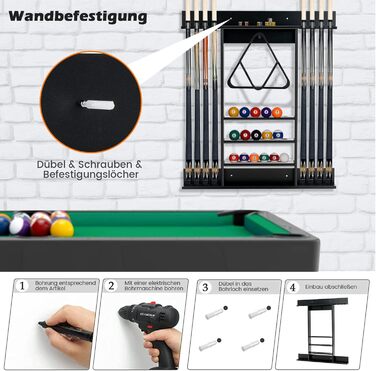 Підставка для більярних київ COSTWAY на стіну, для 8 київ, 15 куль та підставки для куль, з натурального дерева (чорна)
