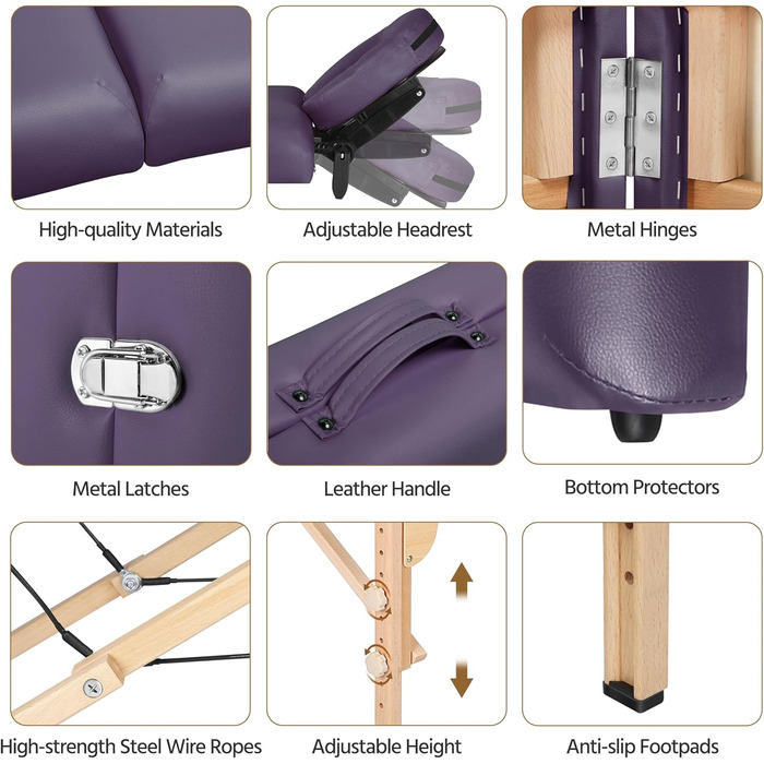 Масажне ліжко Yaheetech з 2 зонами, регульована висота, дерев'яні ніжки, з підголовником та підлокітниками, 213 x 82 x 85,5 см, до 250 кг