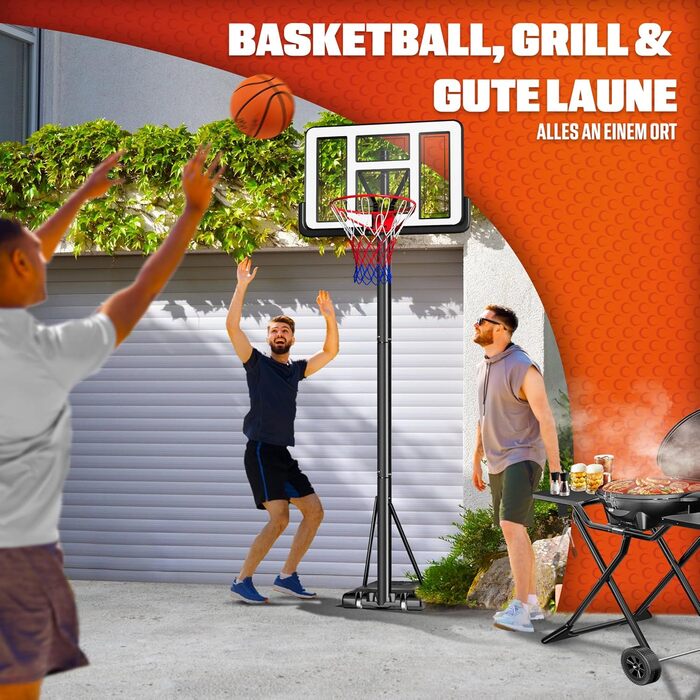 Баскетбольний кошик KESSER® Outdoor зі стійкою та колесами. В комплекті 2 сітки, м'яч та насос. Регульована висота 230-305 см. Підходить для дітей та дорослих.