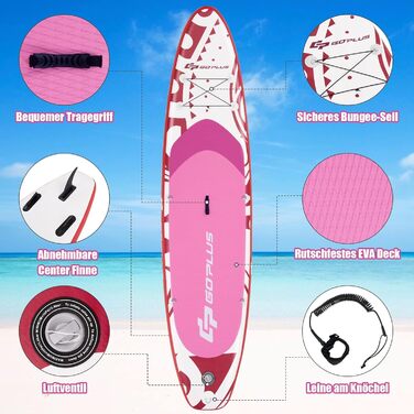 Надувна SUP-дошка COSTWAY 325x76x16 см, до 150 кг, з рюкзаком, насосом, регульованим веслом, страховочним шнуром, еластичним шнуром та ремкомплектом, рожева, без сидіння