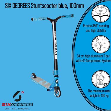 Трюковий самокат Six Degrees алюмінієвий, 100 мм, ABEC 9, посилене кермо, 360°, синій
