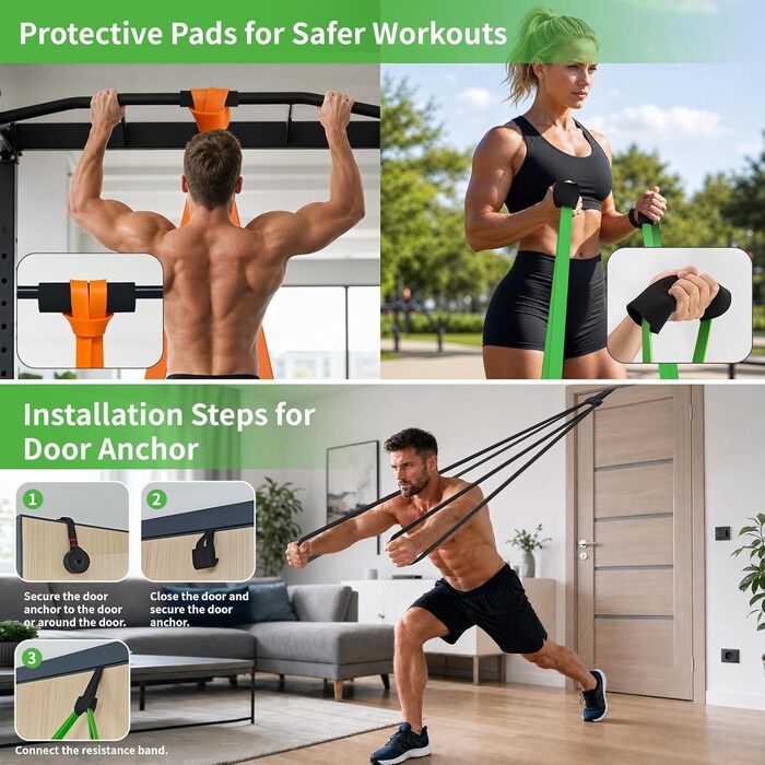 Резинки для фітнесу Fokky Resistance Bands Set 4-х рівнів, з анкером для дверей та захисними накладками для силових тренувань, розбудови м'язів та загальної фізичної підготовки