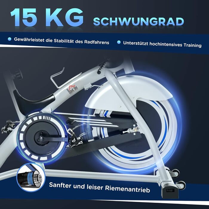 Велотренажер HOMCOM Speedbike для дому, 15 кг маховик, регульоване навантаження, LCD-монітор, до 180 кг, метал/ABS, сріблястий+чорний