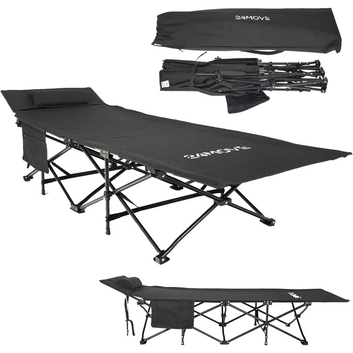 Розкладне ліжко 24MOVE® для кемпінгу та відпочинку на природі, 190x67x34 см, чорне
