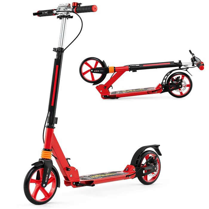 COSTWAY Кискскутер з дзвіночком та підставкою, регульована висота керма, складний, вантажопідйомність до 100 кг, з ременем для перенесення, для дітей та дорослих (червоний)