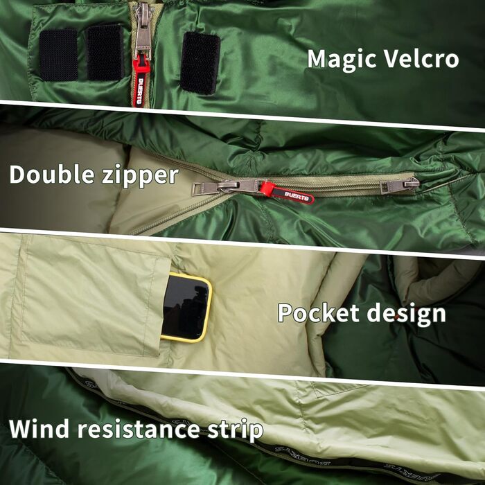 Спальний мішок BUERTS Daunen Summer, 620FP, компактний, для дорослих та підлітків, кемпінг, походи, активний відпочинок. З компресійним мішком. Температура комфорту: 16°C (зелений 5°C)