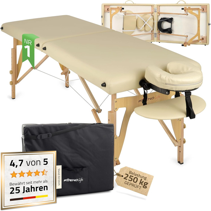 Масажний стіл HABYS Sofia Light Massageliege: складаний, дерев'яний, 2 зони, 185x60x85 см, до 250 кг, з підлокітниками та підголовником, сумка, сертифікат MDR, бежевий