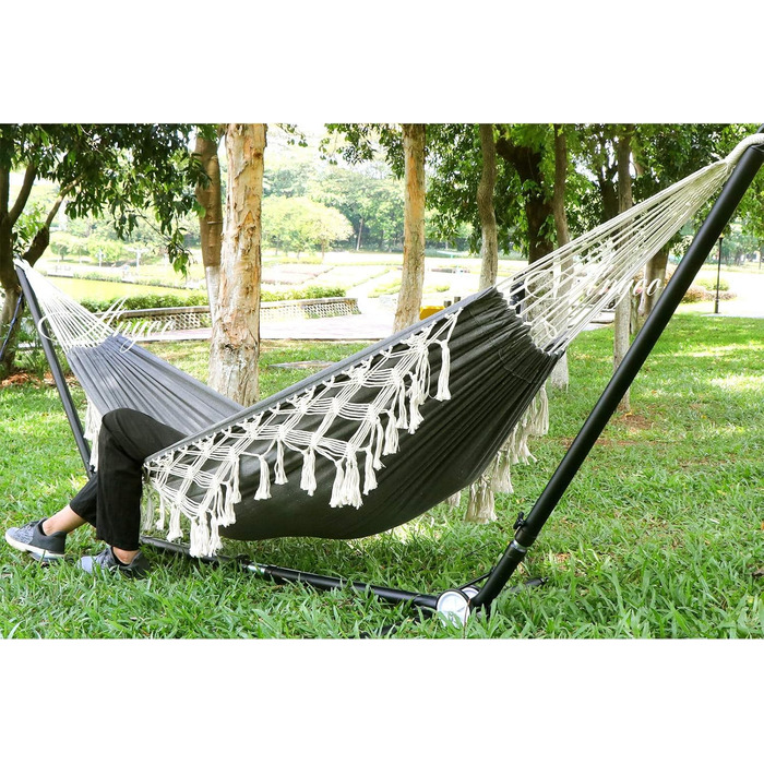 Гамак Anyoo Outdoor з бамбуковими кистями та ременями для дерева, вантажопідйомність 200 кг, зручний та дихаючий бавовняний гамак з сумкою для перенесення, підходить для тераси, балкону, двору, саду, темно-сірий