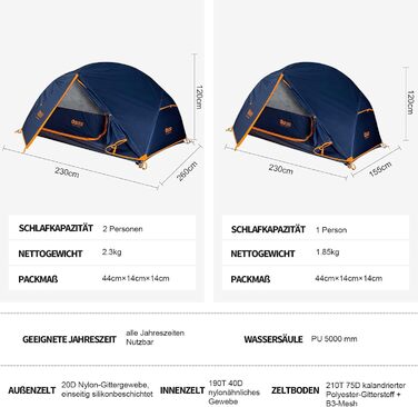 Намет кемпінговий купольний Campingzelt на 1-2 особи, водонепроникний, вітростійкий, 3-4 сезони, 1.85/2.3 кг, для туризму, кемпінгу та активного відпочинку (синій)