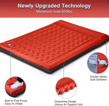 Надувний килимок для кемпінгу з інтегрованим насосом, 12.7 см, з подушкою, компактний для подорожей, рюкзаків, трекінгу, Orange-Schwarz