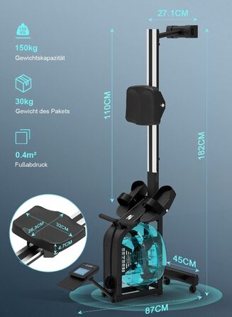 Велотренажер Neezee для дому з водним опором, Bluetooth-монітором і тримачем для планшета, до 150 кг, вертикальне зберігання, транспортувальні колеса