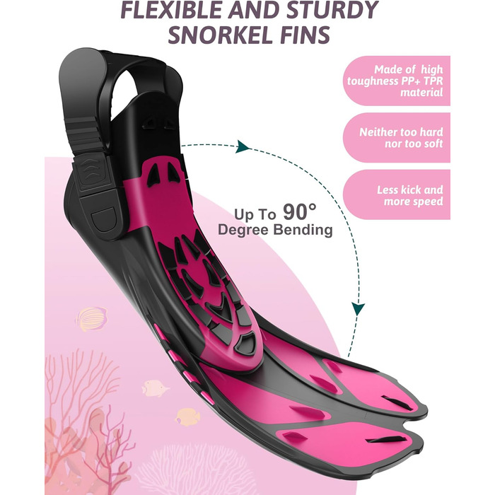 Набір для снорклінгу для дітей та дорослих, повна обличчя маска для снорклінгу та регульовані ласти, панорамна маска для снорклінгу з системою сухого типу Рожева