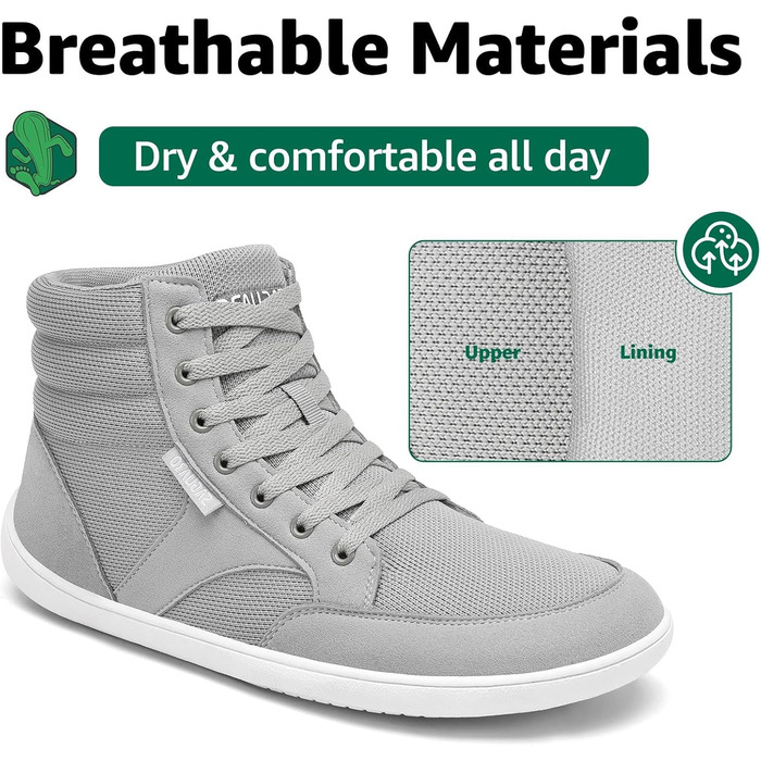 Черевики Saguaro Unisex Barfußschuhe High-Top з широкою передньою частиною та платформою Zero-Drop, розмір 36-48 (Сірий)