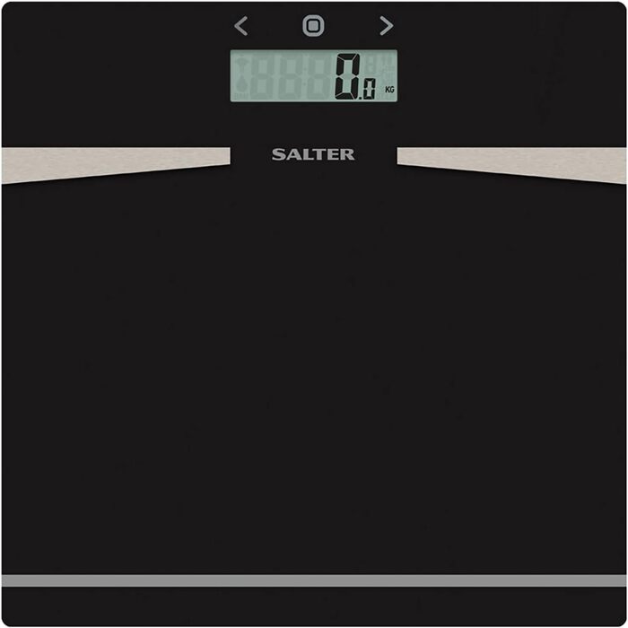 Ваги для ванної Salter 9121 BK3R, скляні, 180 кг, вимірювання ваги, жиру, води та ІМТ, 12 користувачів, LCD-дисплей, атлетичний режим, чорні