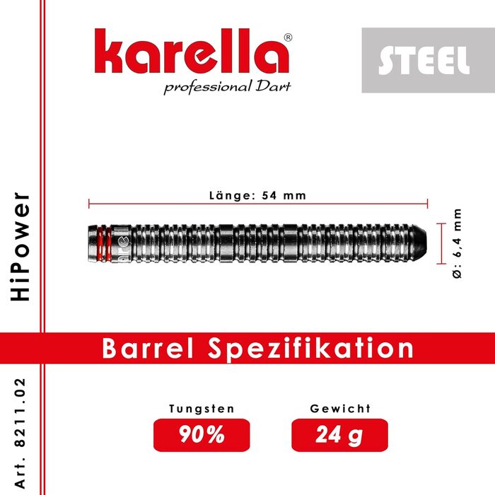 Професійні дартси Karella HiPower 90% вольфрам, 22/24 г, металевий наконечник, для класичної дартс-дошки, 3 шт.