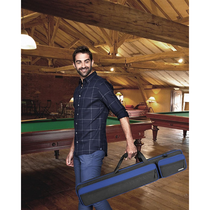Сумка для більярду, 10 x 13 см, з кишенями на 4 кийки, 5 аксесуарів, з підкладкою, м'яка та міцна, з регульованими плечовими ременями для чоловіків та жінок, синього/чорного кольору