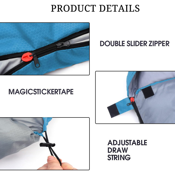 Спальний мішок 3-4 сезони для дорослих та дітей, 86.61''x31.49'', водонепроникний, для кемпінгу та подорожей, блакитно-сірий