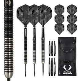 Набір дротиків Darts Corner BlackFin з високоякісного 90% вольфраму, прямий стальний стрижень, 6 оперень, 6 стрижнів, карта Checkout і футляр, 22 г, 24 г, 26 г