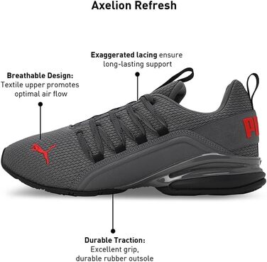 Кросівки Puma Axelion Refresh для чоловіків, 44.5, чорний, темно-сірий, червоний