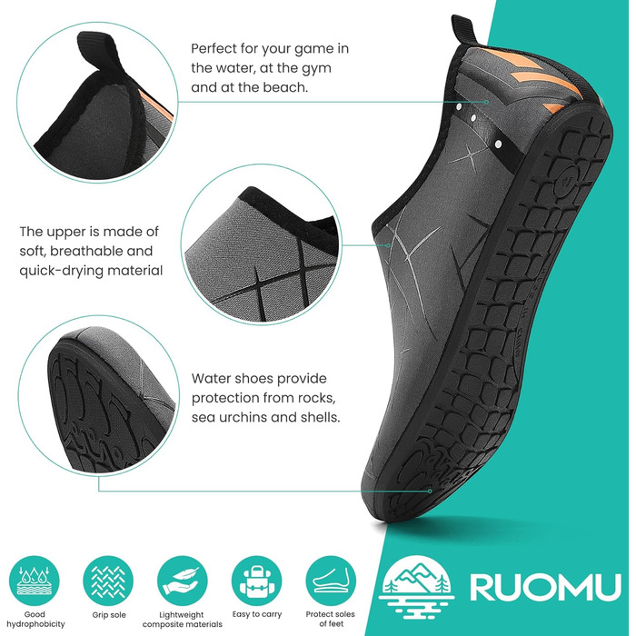 Водні черевики для жінок та чоловіків: легкі, швидковисихаючі, з антиковзким покриттям для плавання, пляжу та серфінгу (44 EU, 857 Темно-сірий)
