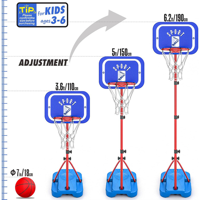 Баскетбольний кошик зі стійкою, набір, 110-190 см, регульована висота, ігровий набір для дітей (синьо-червоний)