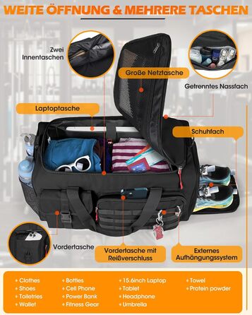 Спортивна сумка RAINSMORE 3 в 1 для чоловіків, 45 л: рюкзак, сумка-переноска, з відділенням для взуття, ноутбука та мокрого одягу, чорна