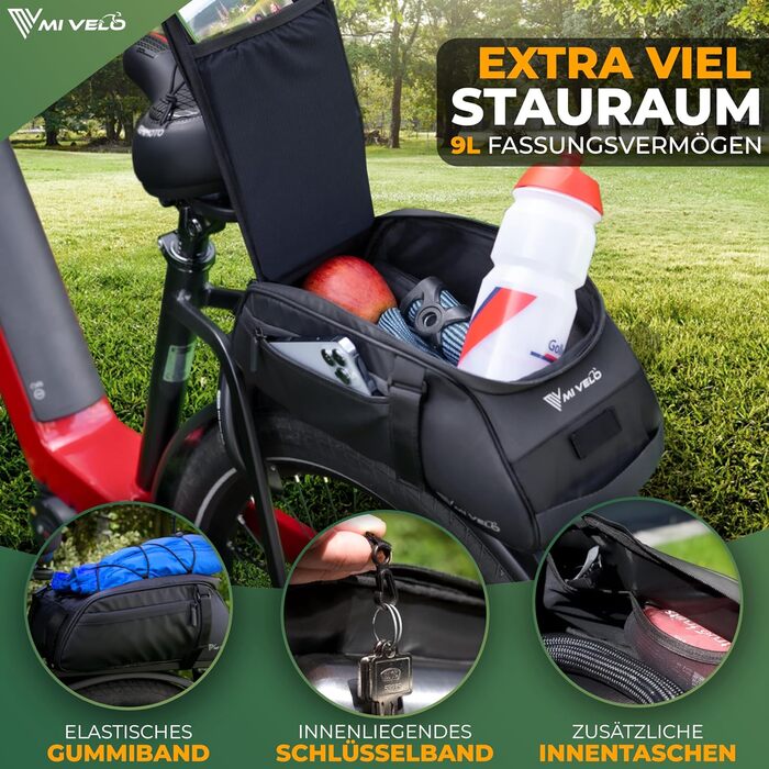 MIVELO 3-в-1 велосипедна сумка на багажник 9 л, водонепроникна, з відбивачами, чорна – сумка на багажник, через плече та ручна