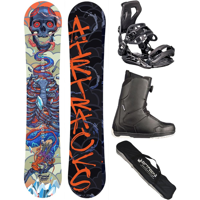 Airtracks Сноуборд-сет для чоловіків Freeride/Freestyle Diamond Heart Carbon Wide Hybrid Rocker + кріплення Master + сноуборд-ботинки + сумка для сноуборду 150/155/160 см (Сноуборд 150 см, Ботинки Master Atop 43)