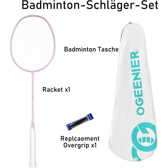 Ракетка для бадмінтону OGEENIER: Графіт, Легка, Професійна, з карбоном, неслизька ручка, у сумці, Рожева