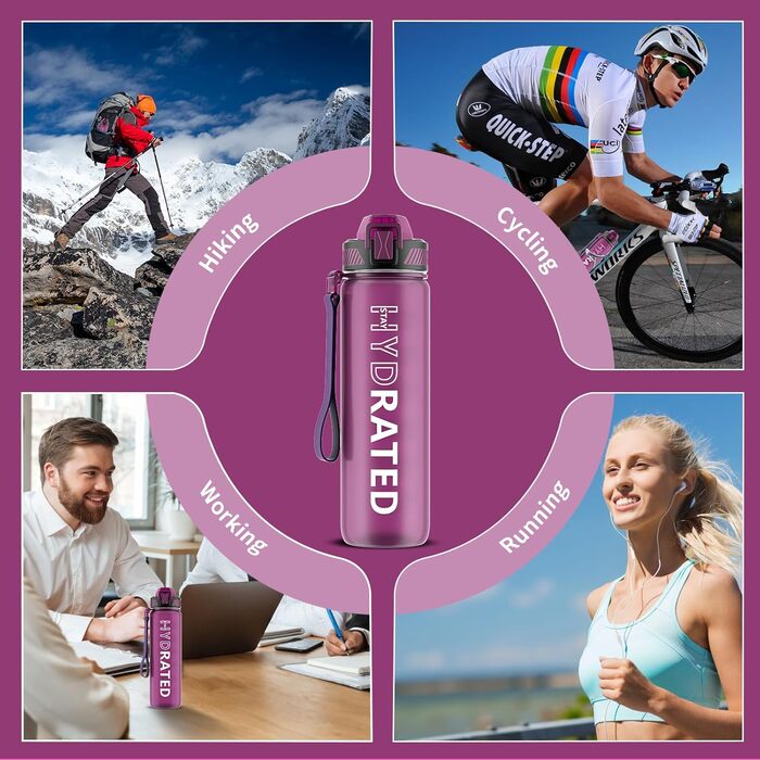 Спортивна пляшка для води 1л Tritan без BPA з трубочкою, з маркуванням часу та щіткою, для фітнесу, школи, йоги, активного відпочинку (1 шт., Рожевий)