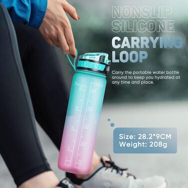 Спортивна пляшка для води 1L BPA-free з неслизьким гумовим ручками, зелено-фіолетовий градієнт, 1000 мл