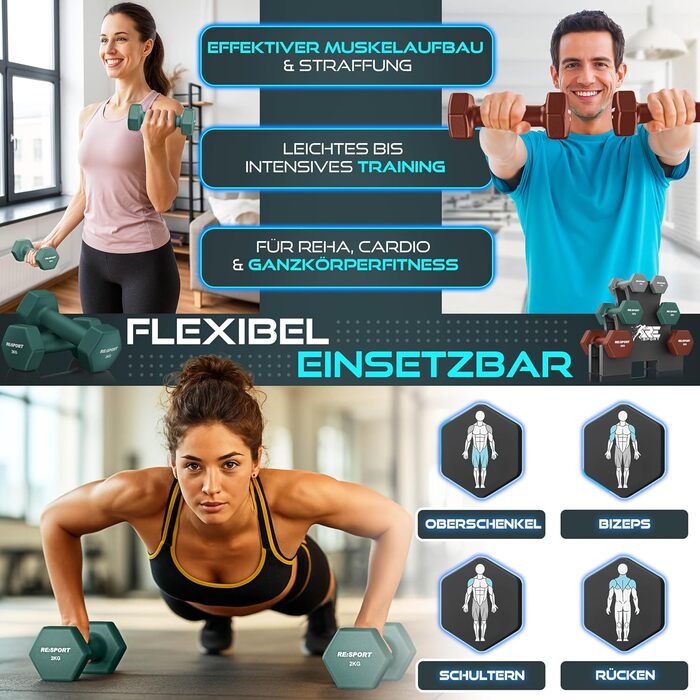 Набір гантелей RE:SPORT® 12 кг з підставкою та фітнес-гумками | 3 пари гантелей 1-5 кг, 12 кг або 18 кг | Нековзкі гантелі з неопрену для жінок та чоловіків | Кольори: бірюзовий/сірий/темно-синій