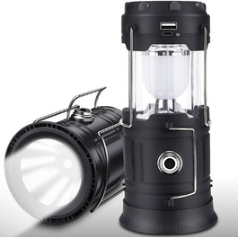 Сонячна кемпінгова лампа EXTRASTAR: LED ліхтар 5W, 2-в-1 (ліхтар + ліхтар для намету), USB/Сонячна/Акумуляторна, водонепроникна, для відпочинку на природі, риболовлі, кемпінгу та походів