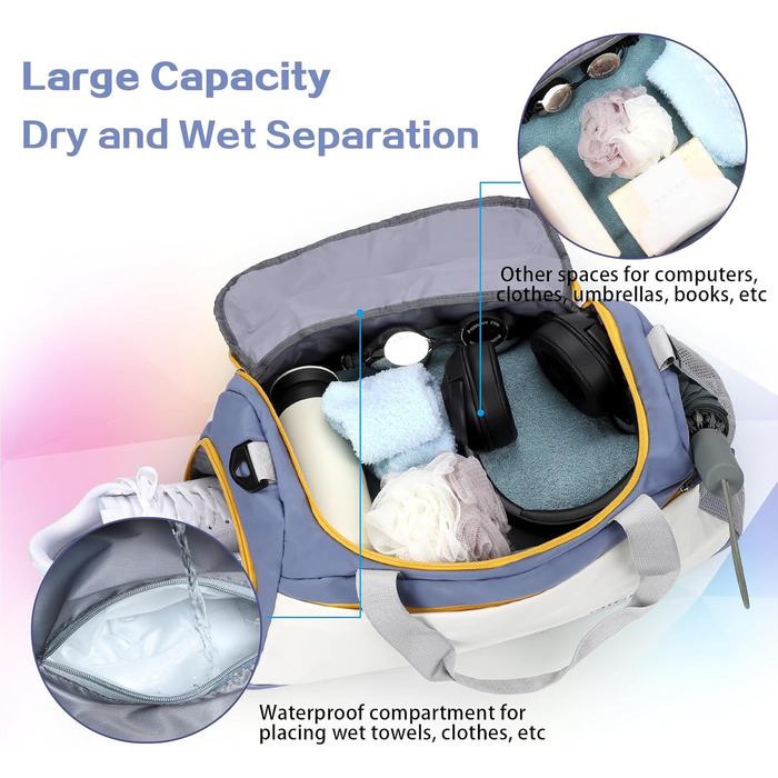 Спортивна сумка-рюкзак для подорожей та спорту, 48x23x27 см, з відділенням для взуття та мокрих речей, водонепроникна, для жінок та чоловіків (білий+синій)