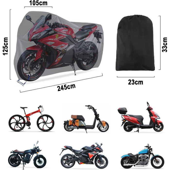 Водонепроникна накривка для мотоцикла Carehabi, 245x105x125 см, XXL, для мопедів, ролерів, ендуро, вуличної техніки