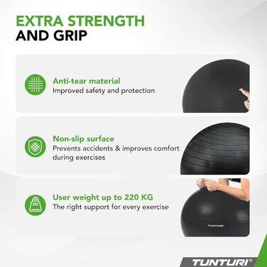 Фітнес-м'яч Tunturi Anti-Burst з насосом - фітбол 65 см для йоги, пілатесу та вагітності - червоно-чорний - 220 кг - з тренувальним додатком
