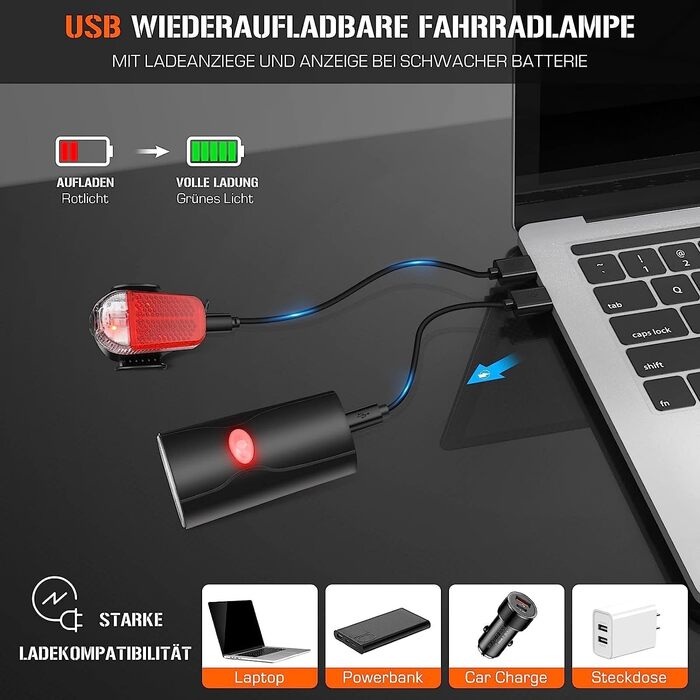 Набір LED-велофари STVZO: передній та задній ліхтар, водонепроникний, USB-зарядка