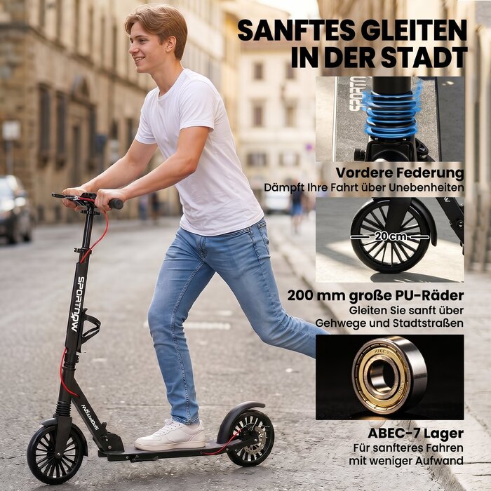 Складаний алюмінієвий самокат Cityroller з регулюванням висоти, колесами PU 200 мм, підшипниками ABEC-7 та подвійною системою гальмування