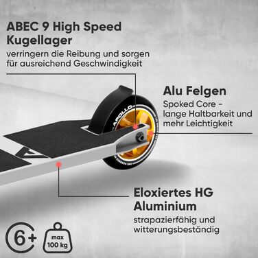 Скутер Apollo Star Pro: професійний стент-скутер для дорослих та дітей, ABEC 9, колеса 100 мм, білий/золотий