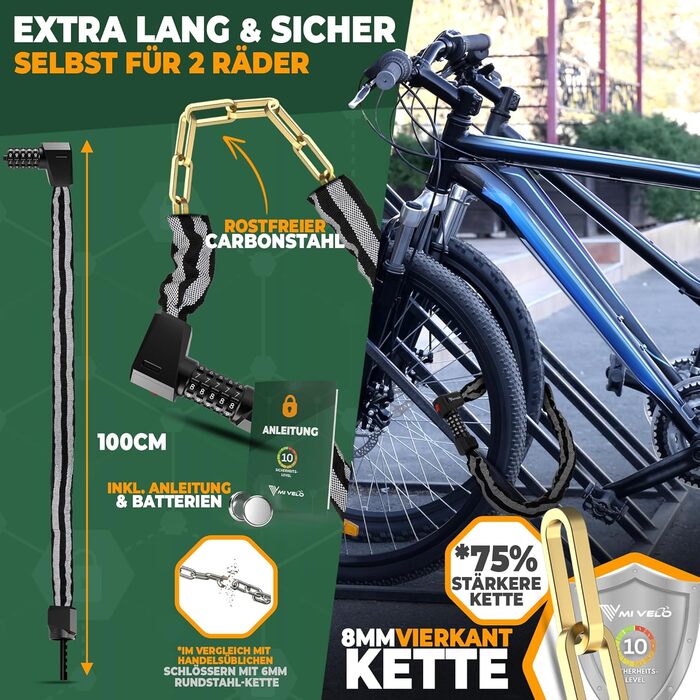 Замок для велосипеда MIVELO з цифровим кодом, 100 см, 8 мм сталь, для E-bike, MTB, шосе