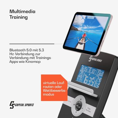 Водний веслувальний тренажер Capital Sports для дому, 14 л, 8 рівнів опору, Bluetooth 5.0, тримач для планшета, 134 см напрямна