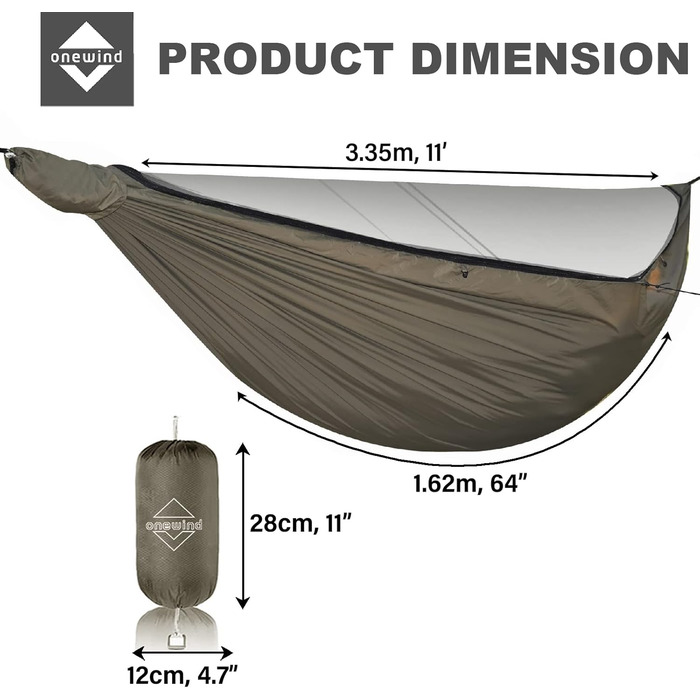 Гамак Onewind Premium 11' для кемпінгу з москітною сіткою та ременями для дерев, 335x162 см