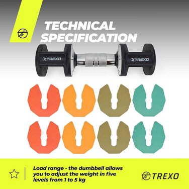 Набір гантелей TREXO MULTICOLOR 2x5 кг з регулюванням, сталь, з антиковзним покриттям, для дому та фітнесу