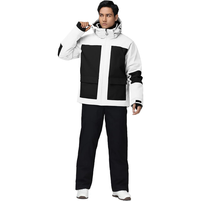 Комплект гірськолижний чоловічий HOTIAN: куртка та штани, дихаючий, водонепроникний, вітрозахисний, знімний капюшон, для сноуборду, розмір XL, чорний та білий