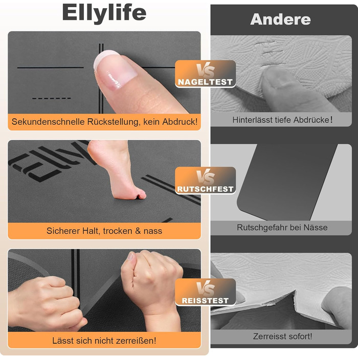 Протиковзкий килимок для йоги, пілатесу та фітнесу з еко-натурального каучуку та TPE, з лініями розмітки та ременем для перенесення, темно-сірий, 4 мм