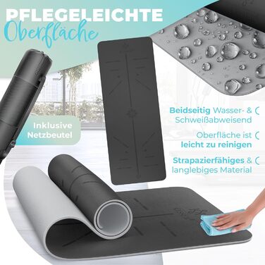 Килимок для гімнастики KESSER® з ручкою для перенесення, TPE, антиковзкий, фітнес, 183 x 61 см, для фітнесу, спорту, пілатесу та гімнастики (сірий)